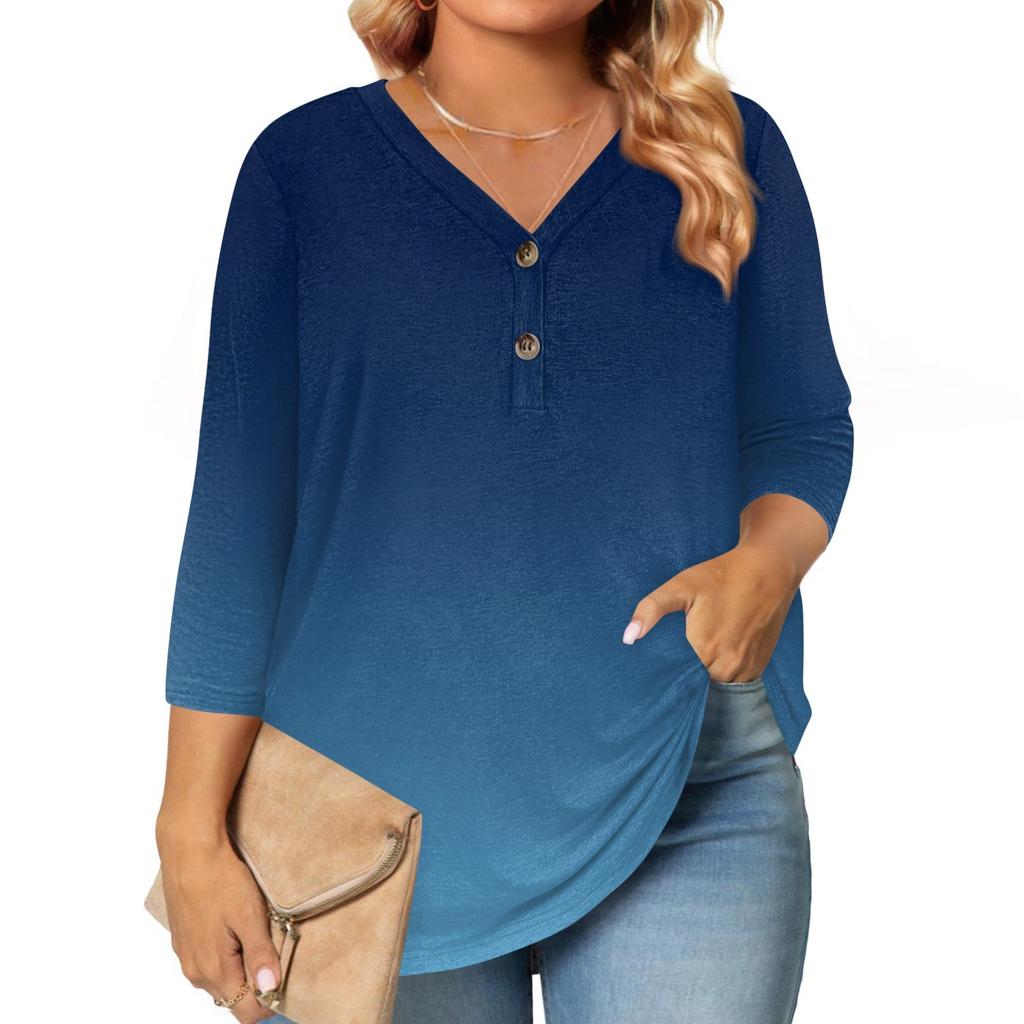 Womens 3/4 Length Sleeve Tops Plus Size Button Down V Neck Shirts Blouses Casual Printing Loose