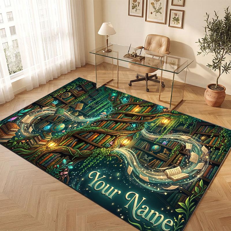 Nature Library Travel Theme Crystal Velvet Floor Rug Personalized Custom Name Text Warm Carpet Home Decoration