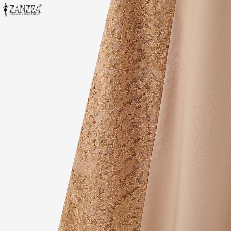 ZANZEA Women Casual Round Neck 3/4 Sleeve Casual Lace Patchwork Dress