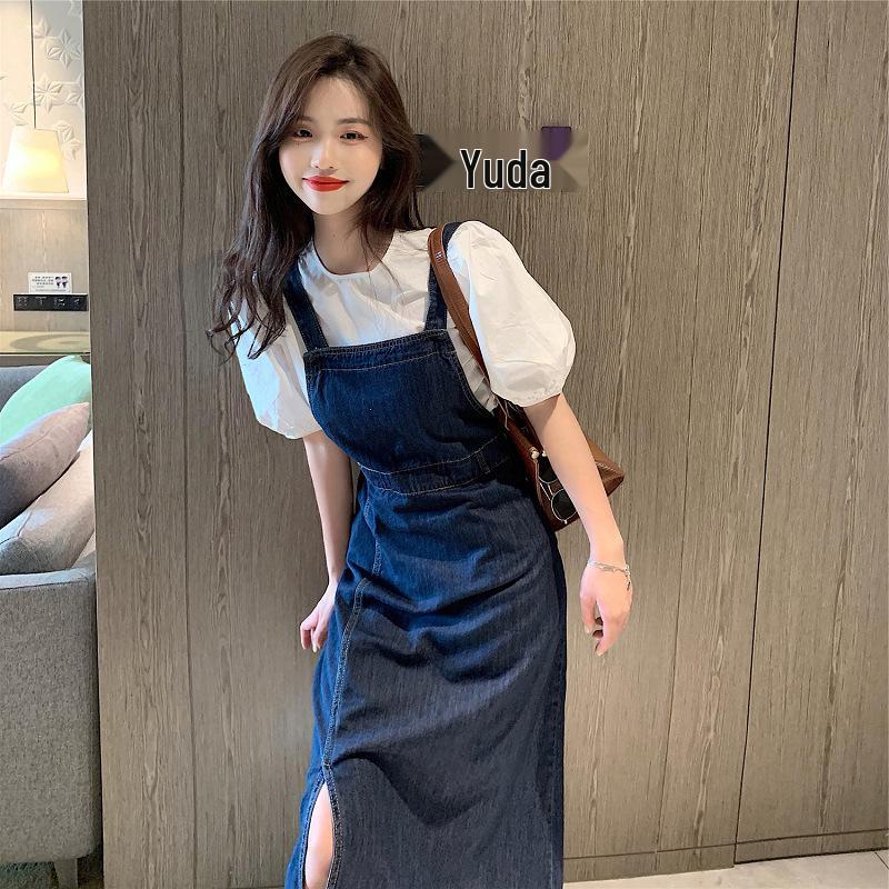 

Корейский шик стиль джинсовый сарафан с высокой талией - Женское тонкое летнее свободное длинное платье с боковым разрезом One Size (Recommended 42.5-60 kg) синий