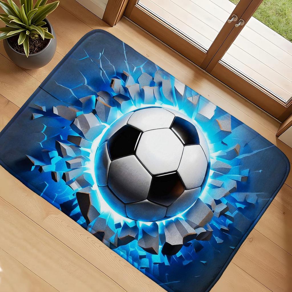 3D Fußball Durchwand Durch die Wand Willkommen Fußmatte Blaues Licht Fußball Eingangsteppich Sport Thema Rutschfest Willkommen Bodenmatte Dekor