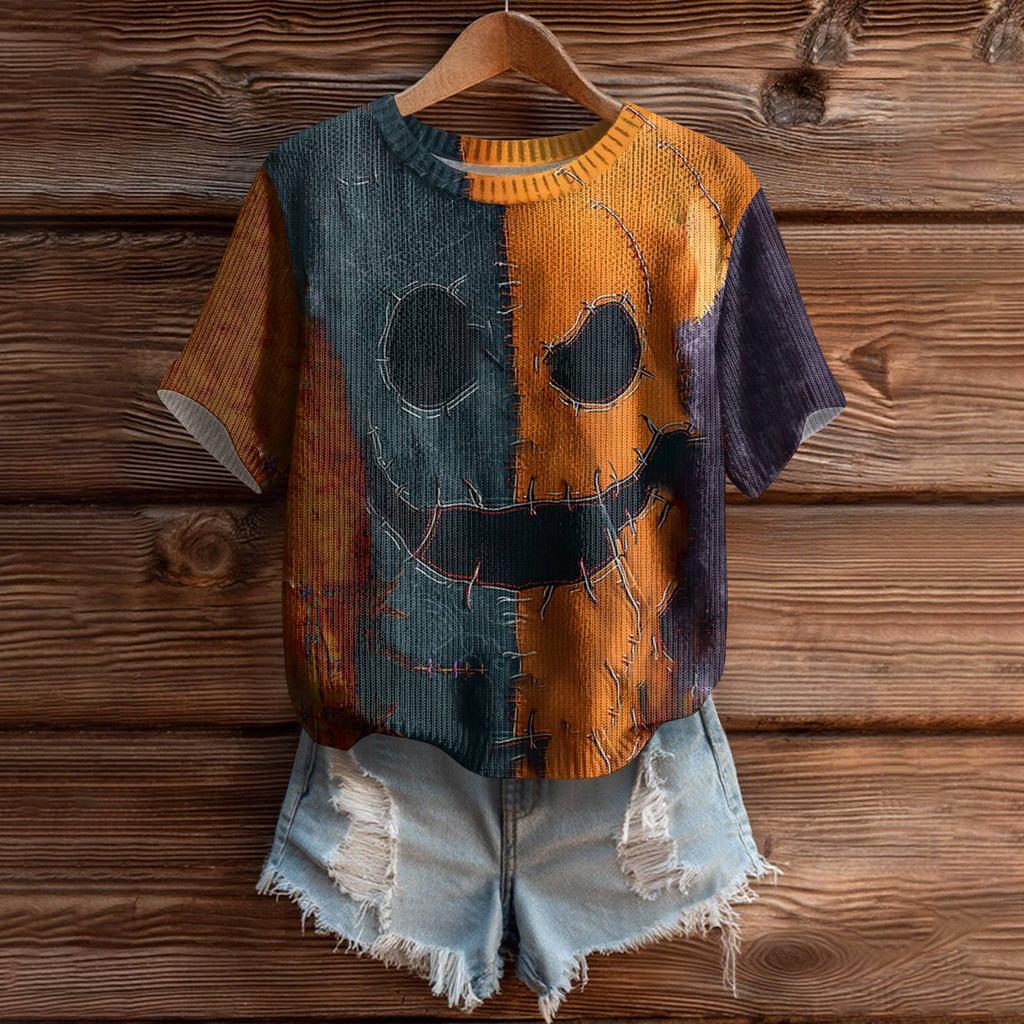 Women's Cute Sweater Knitted Fashion Casual Round-neck Short-sleeved  Cozy Print Top