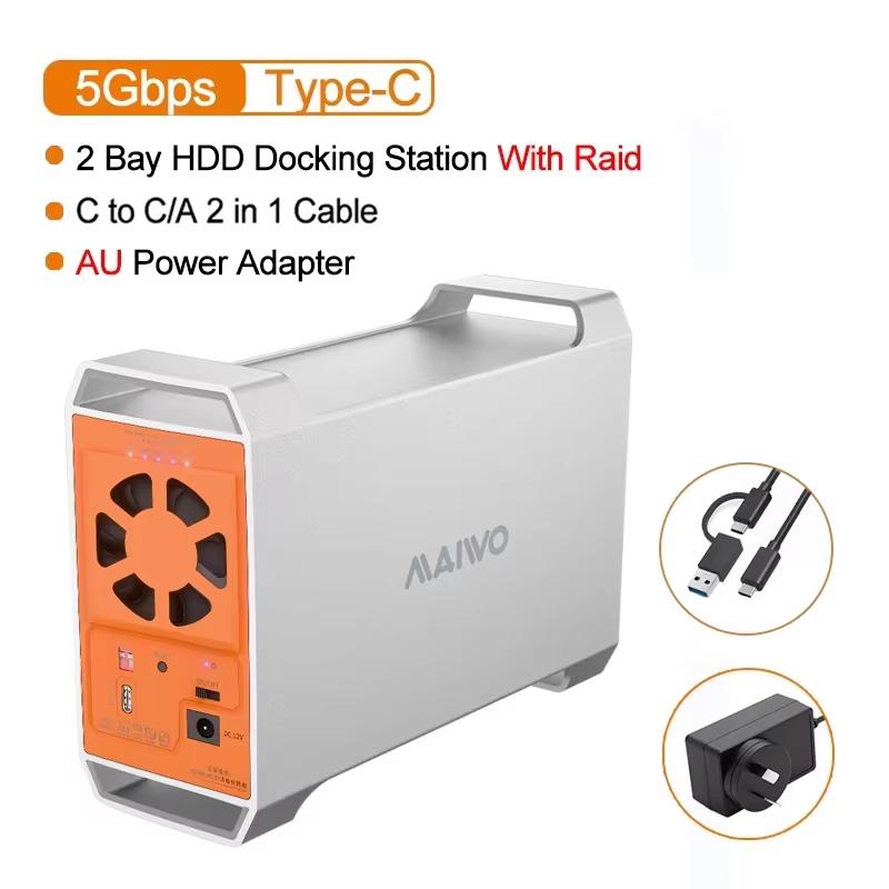 MAIWO 2 Bay HDD Docking Station SATA To USB Type-C Hard Drive Enclosure for 2.5/3.5 Inch Hard Drive Case with 4 RAID Modes Case