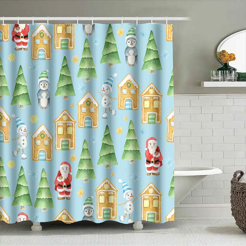 Christmas Shower Curtain With Festive Print Waterproof Fabric, Santa Claus Snowman Design For Bathroom Decorations In Multicolor