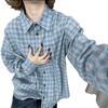 Women's Winter Retro Plaid Blue Cotton Shirt - Casual Fashion Layering Jacket with High-End Feel