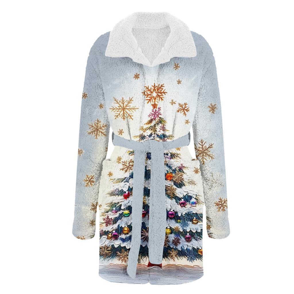 Women's Long-sleeved Fall And Winter Warm Bathrobe Home Clothing Plush Christmas Printing Pajamas Robe