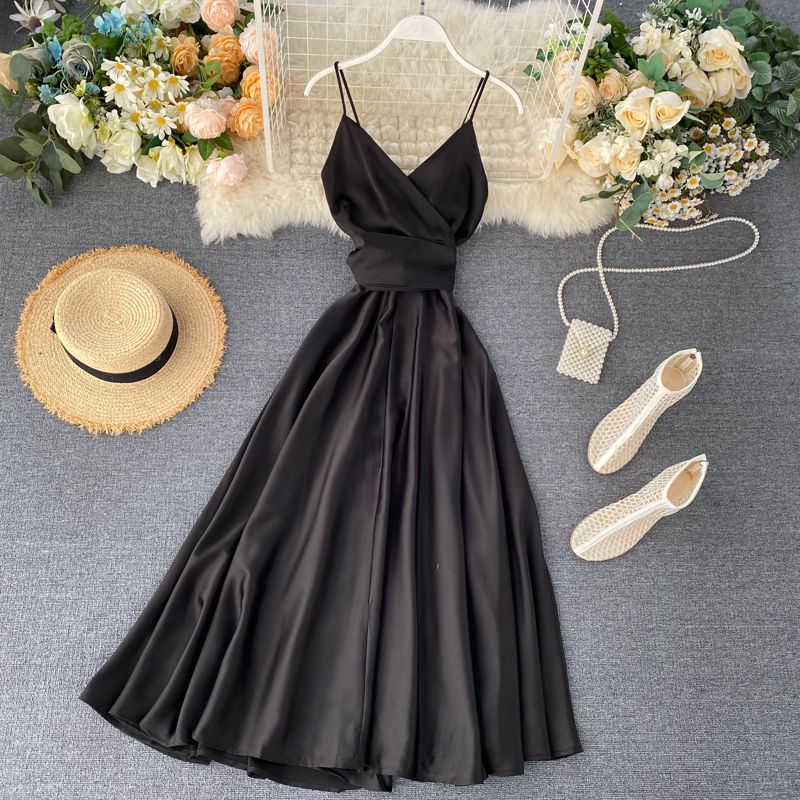 

Chic Gentle Long Skirt Women s Summer Dress New New Arrival Goddess Inspirational Backless Shoelace Waist Trimming Spaghetti Straps Dress Black All yards(M)