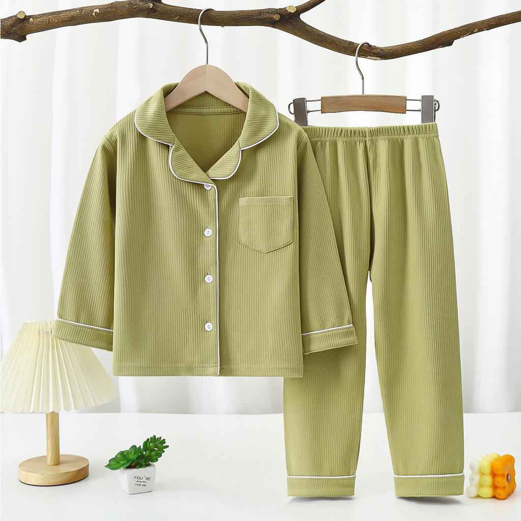 Toddler Baby Kids Unisex Casual Pajama Suit Boy Long Sleeve Front Pocket Lapel Tops+ Long Pants Girl Pajama Sets 1-16 Years