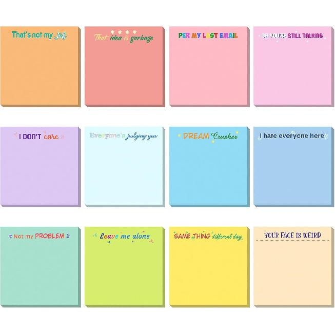 12 Pieces Funny Sticky Notes with Saying for Office Work Snarky Note Pads Sucks Complaining Quotes Vibrant Negative Passive Office Notepads Memo Pad