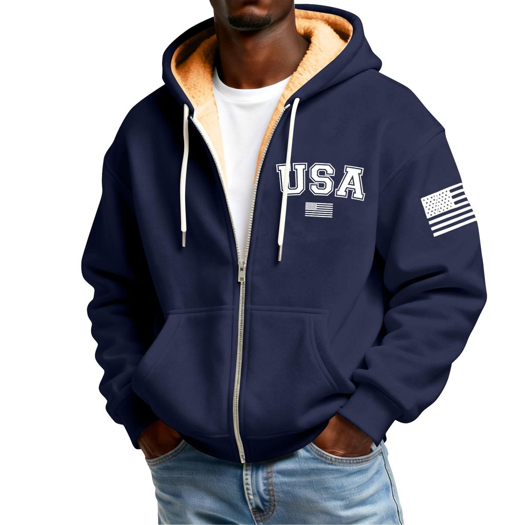Men's Flag Print Fleece-Lined Zip-Up Pocket Hooded Sweatshirt Cardigan Men's Casual Sweatshirt Cardigan