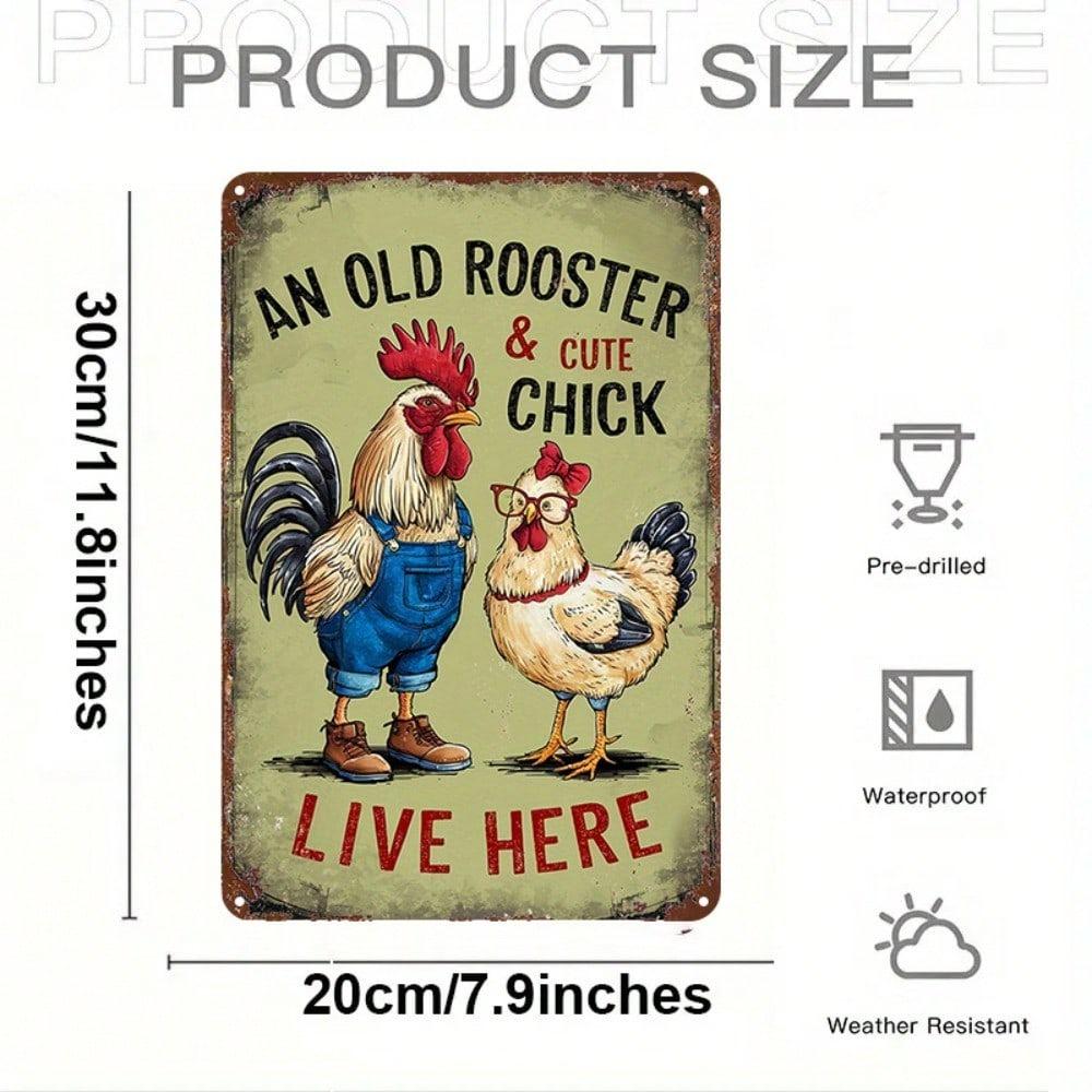 Rustic Chicken Metal Wall Art Sign - 8x12 Inch Vintage Rooster & Hen Iron Plaque, Weather-Resistant Indoor Decor