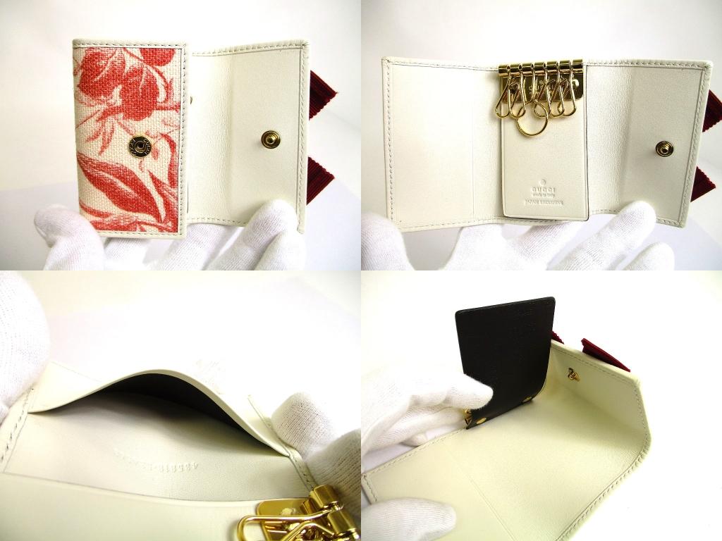 Authentic GUCCI Double G GG Ribbon Motif White Leather 6 Pics Key Chain #b103  Open box