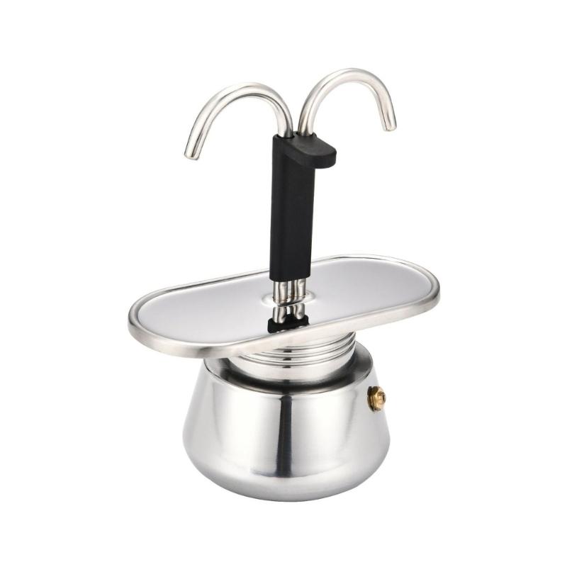 Induction-Compatible Double-Spout Mocha Pot, Brushed Steel Coffee Maker for About Two Espresso-Size Cups On Common Cooktops