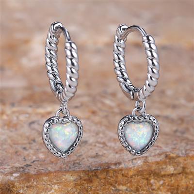 Luxury Female White Fire Opal Stone Heart Hoop Earrings Silver Color Unique Gift Party Wedding  For Women