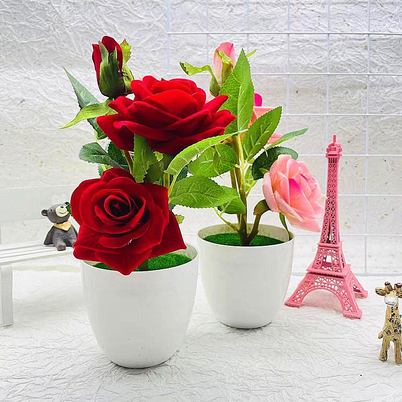 Artificial Elegant Flower Rose Potted Plant Bonsai For Home Celebration Gift And