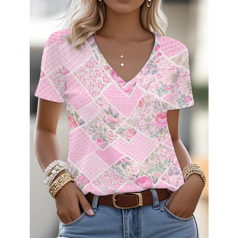 

Women S Pink Floral Patchwork Print V-Neck T-Shir, Machine Washable, for All Seasons, Fashionable And Versatile XL