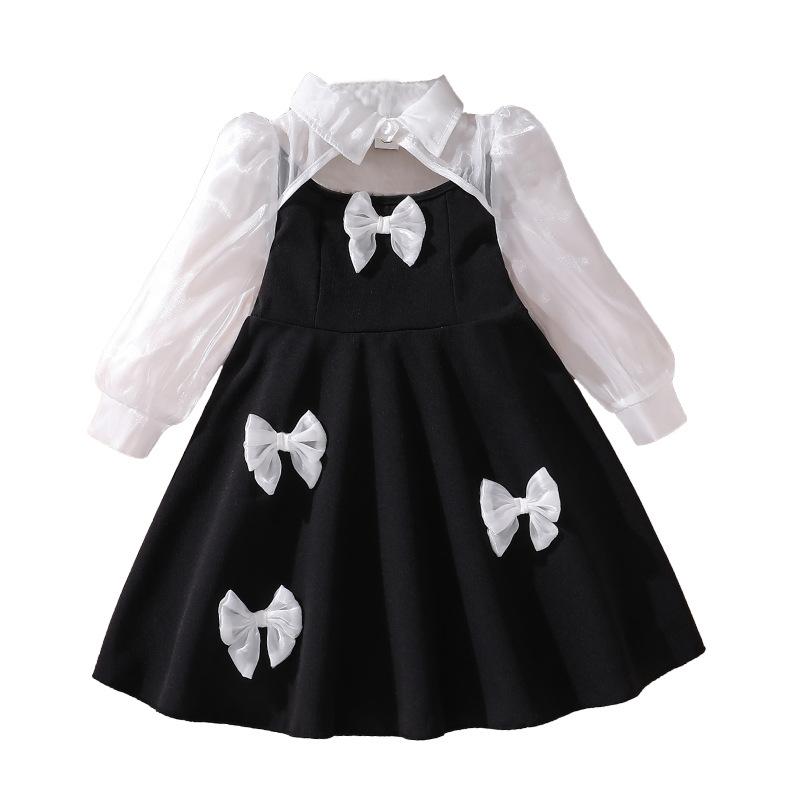 Girls Dress Autumn New Korean Version Children Sweet Cute Style Bow Mesh Long Sleeve Princess Dress