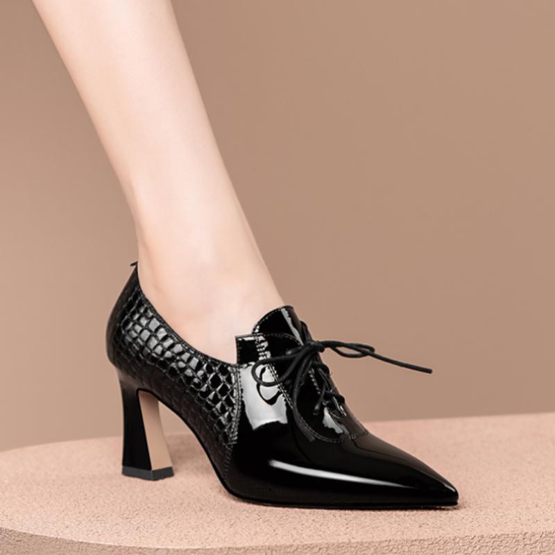 Vysoké podpatky Kopytové lodičky Dámské Šněrovací lodičky PU Kůže Boty Dámská Móda Špičatá špička OL Boty Dámské Podzim Černý Dráp Femme