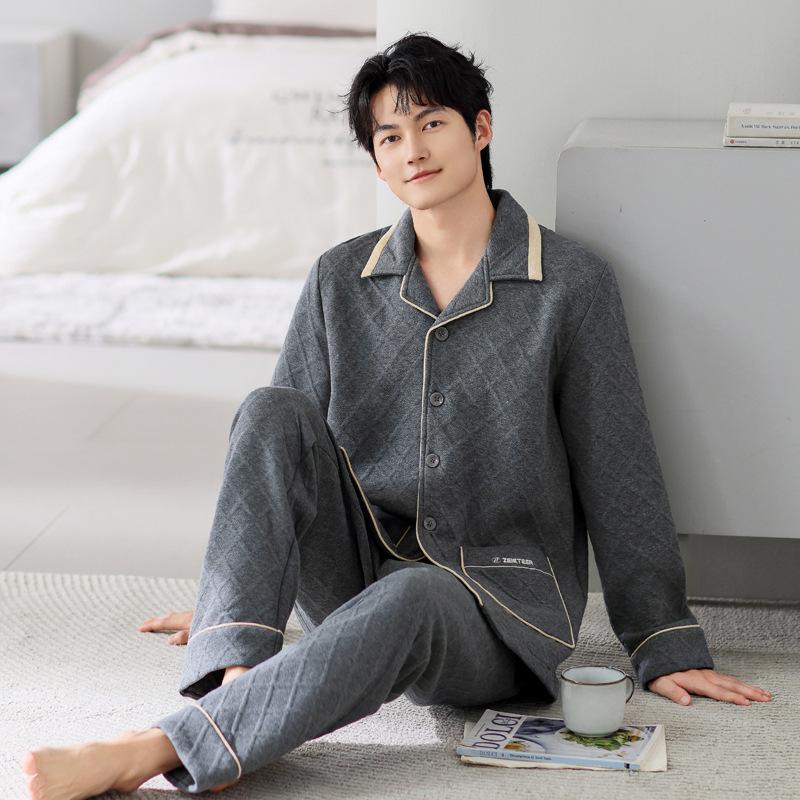 Pajamas Men'S Spring And Autumn Thickened Cotton Long Sleeve Autumn And Winter Air Cotton Padded Men'S Winter Interlayer Homewear