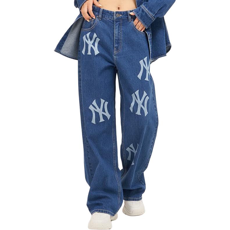 MLB New York Yankees Printed Logo Straight Leg Mid Rise Loose Fit Jeans Women bottoms Bright-Blue 3FDPB0334-50INS