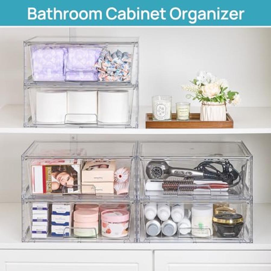 2 Pack Large Stackable Storage DrawersEasily Assemble Clear Acrylic Bathroom Closet Undersink Organizers Plastic Storage Bins f