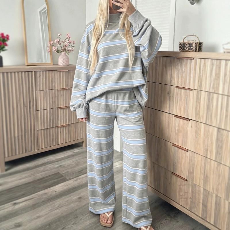 2026 Womens Striped Print Casual Two-Piece Set Long Sleeve T-Shirt Pants Comfort Fit Korean Style