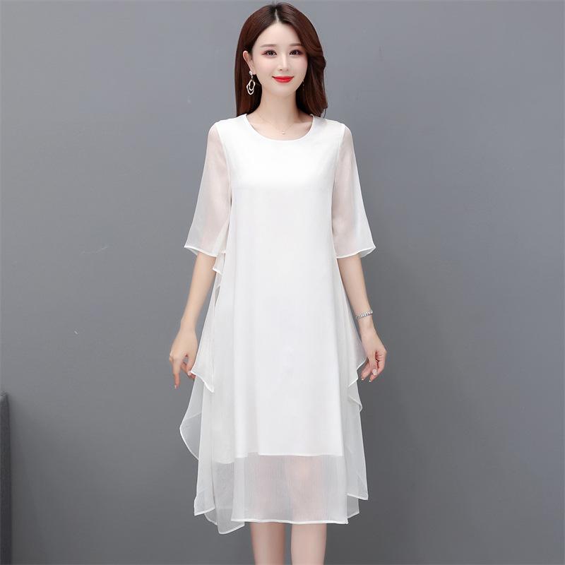 Women's Summer 2023 Silk Crepe A-line Dress: Mid-length, Solid Color, Loose Fit, Tummy-Covering, Fashionable and Elegant.