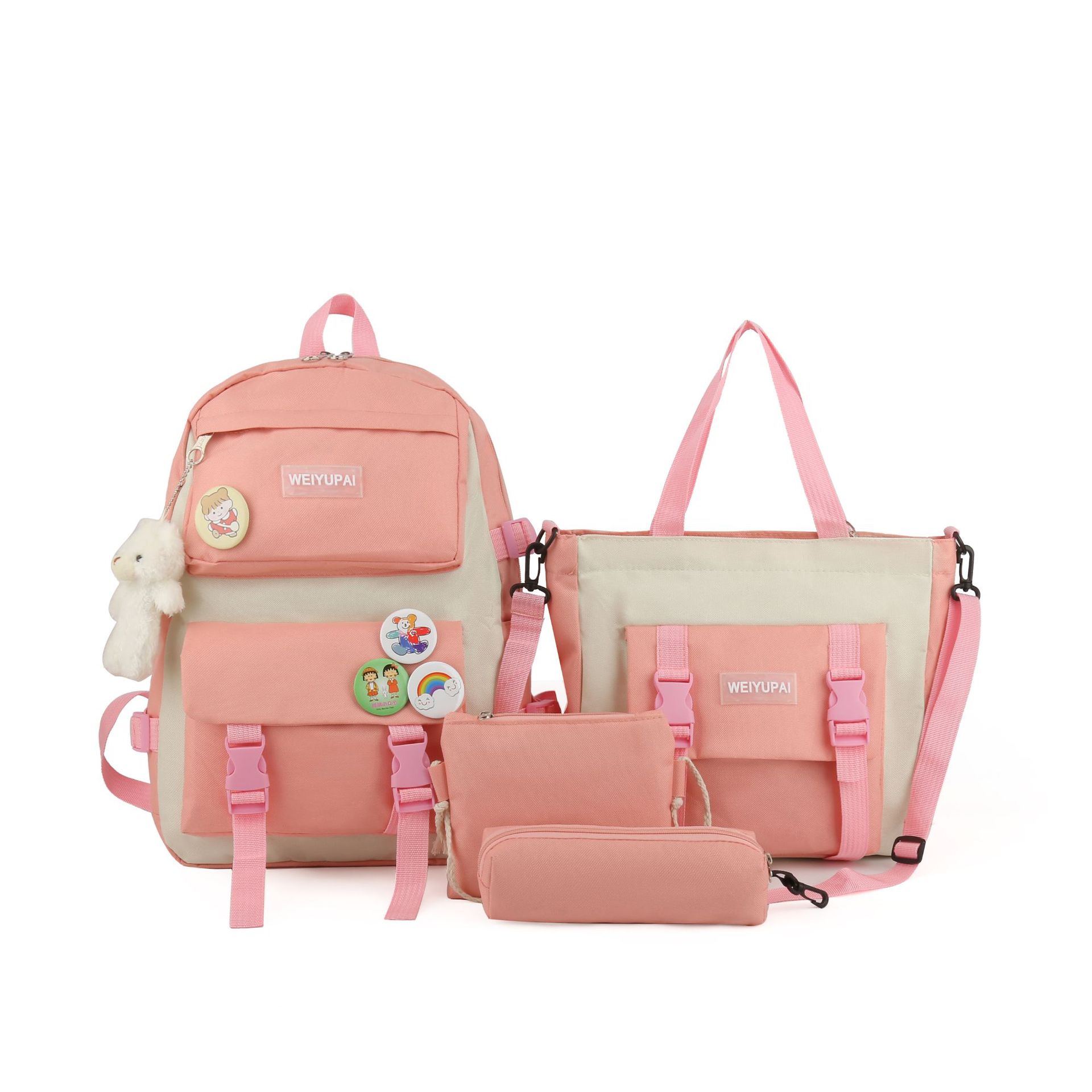 

Студенческий рюкзак, холщовый студенческий рюкзак, большая вместимость, комплект из 4 предметов, рюкзак розовый