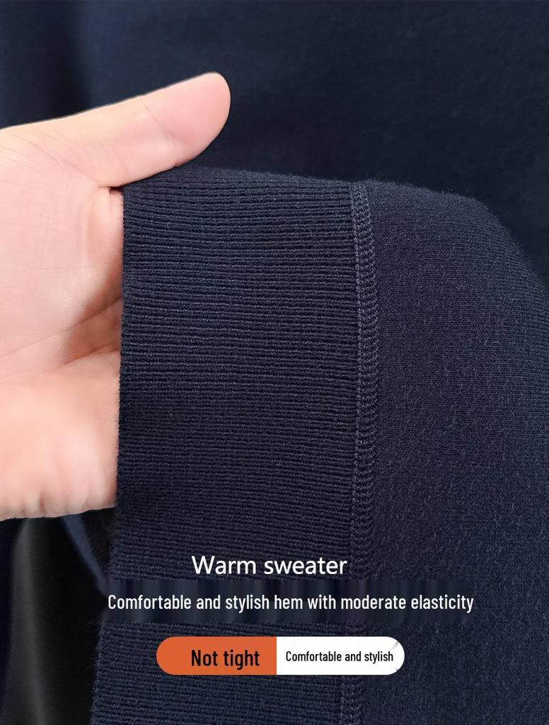 Men's 2025 Pullover Hoodie: Thickened Velvet, Solid Color, Round Neck Knitwear for Middle-Aged and Elderly Men