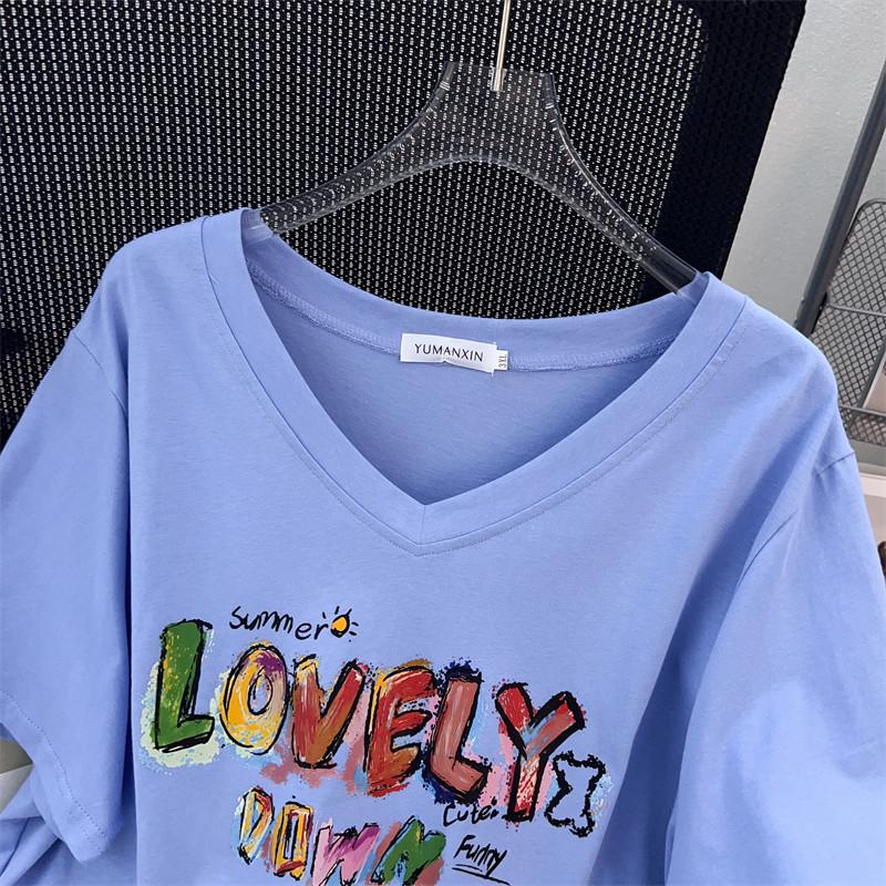 Plus Size V-Neck Slimming Mid-Length Loose T-Shirt for Women, Short-Sleeved, Covers Belly, Available In 200/300/350 Jin.