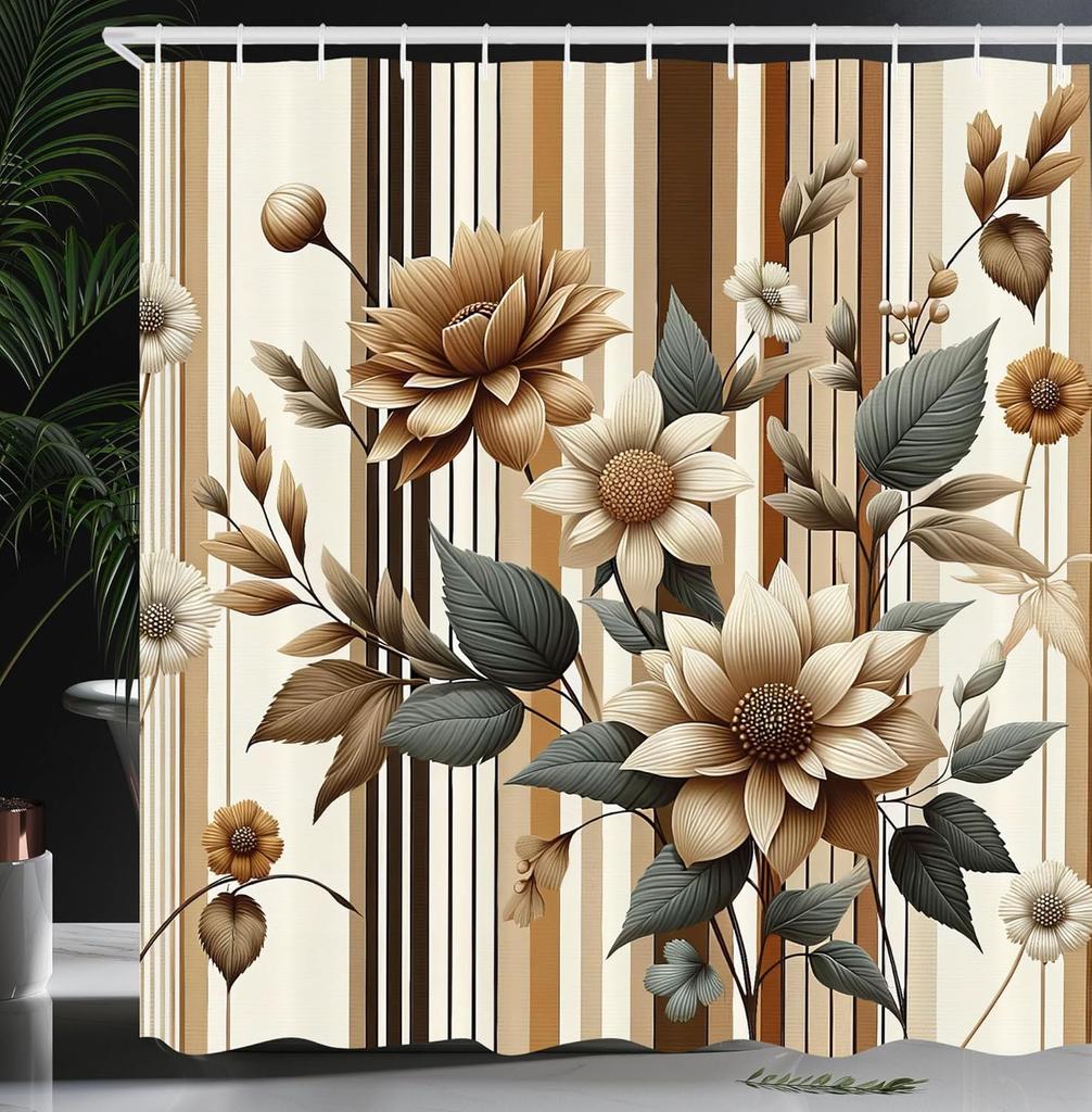 Aesthetic Boho Shower Curtain, Bold Exotic Leaves In Warm Tones, Rustic Burnt Orange Teal Blue, Fabric Set With Hooks