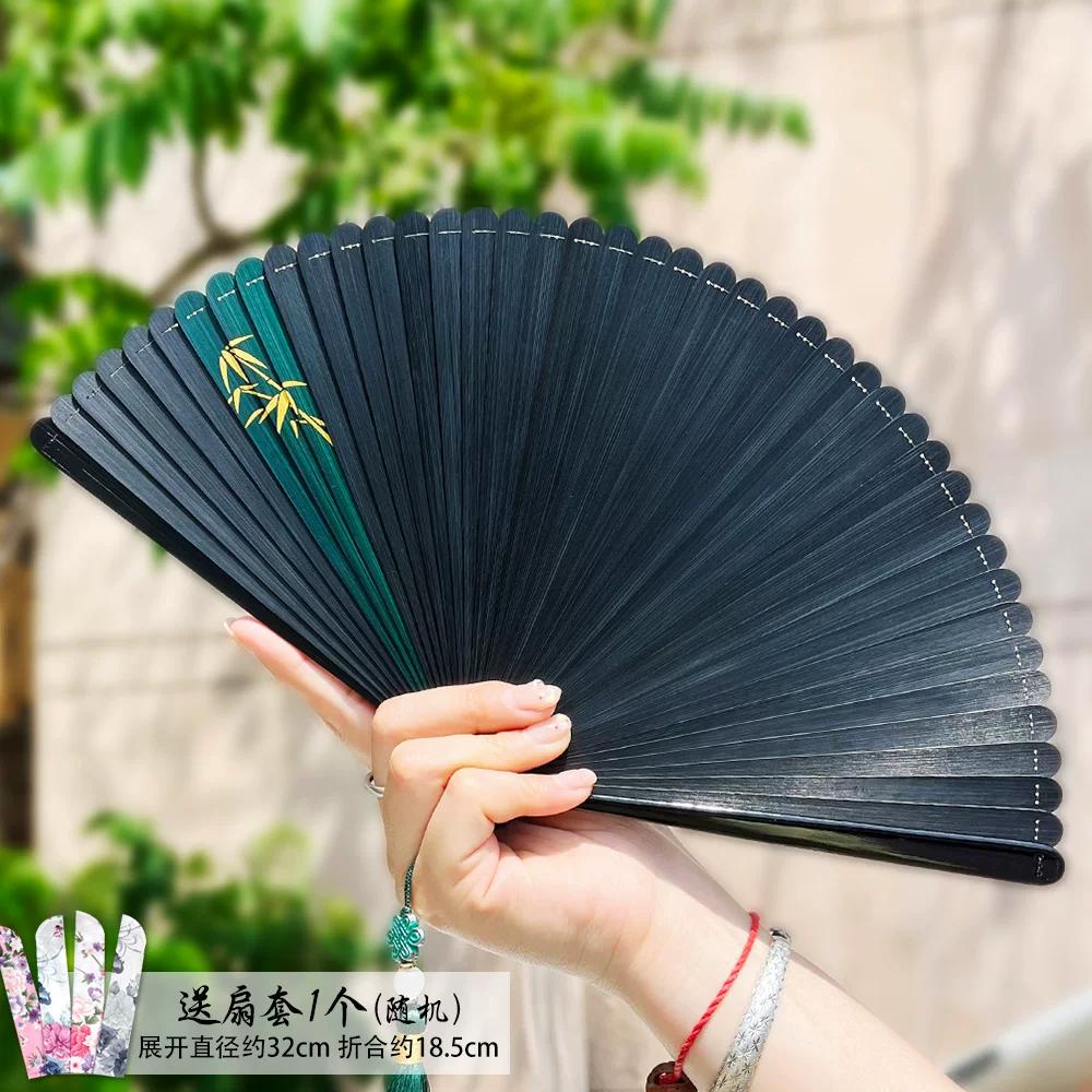 Chinese-Style Dark Green All-Bamboo Fan for Women, Hollow Floral Folding Fan, Ancient Style, Portable, Easy to Open and Close, Hanfu Dance Fan