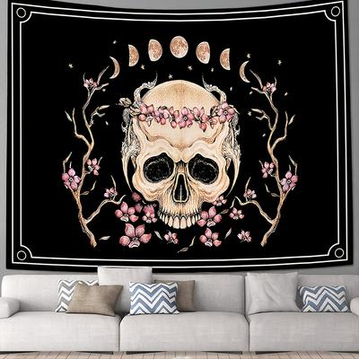 VIKAMA Bohemian Dark Skull Cherry Blossom Moon Tapestry Gothic Vintage Living Room Sofa Feature Wall Decor Tapestry