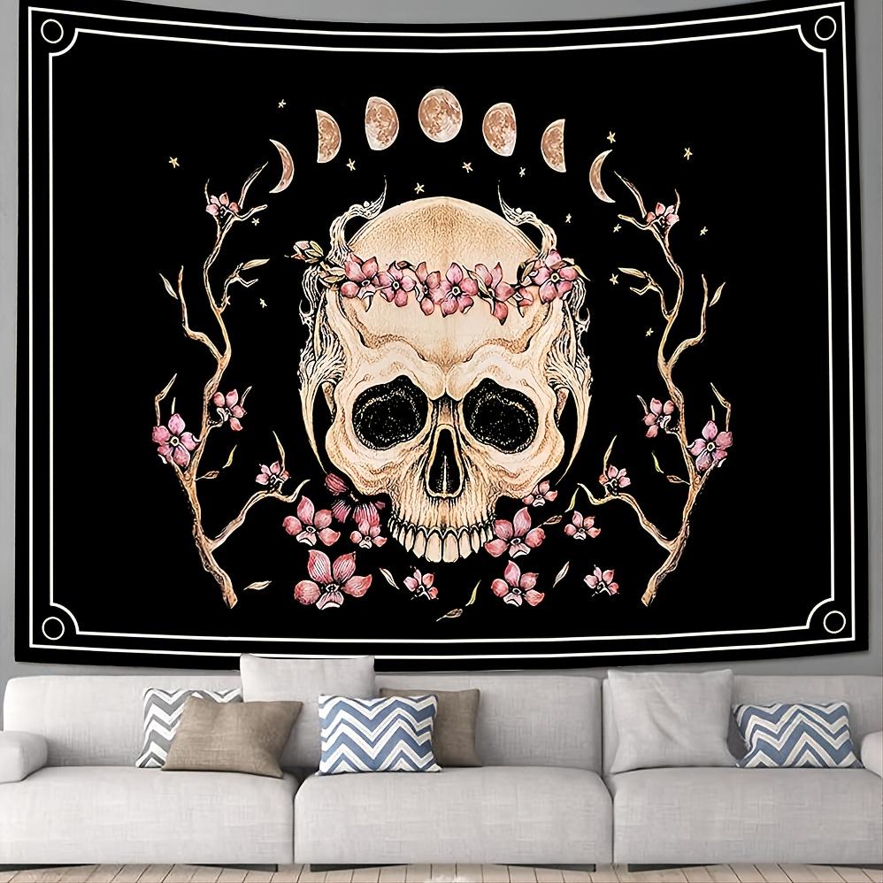 VIKAMA Bohemian Dark Skull Cherry Blossom Moon Tapestry Gothic Vintage Living Room Sofa Feature Wall Decor Tapestry