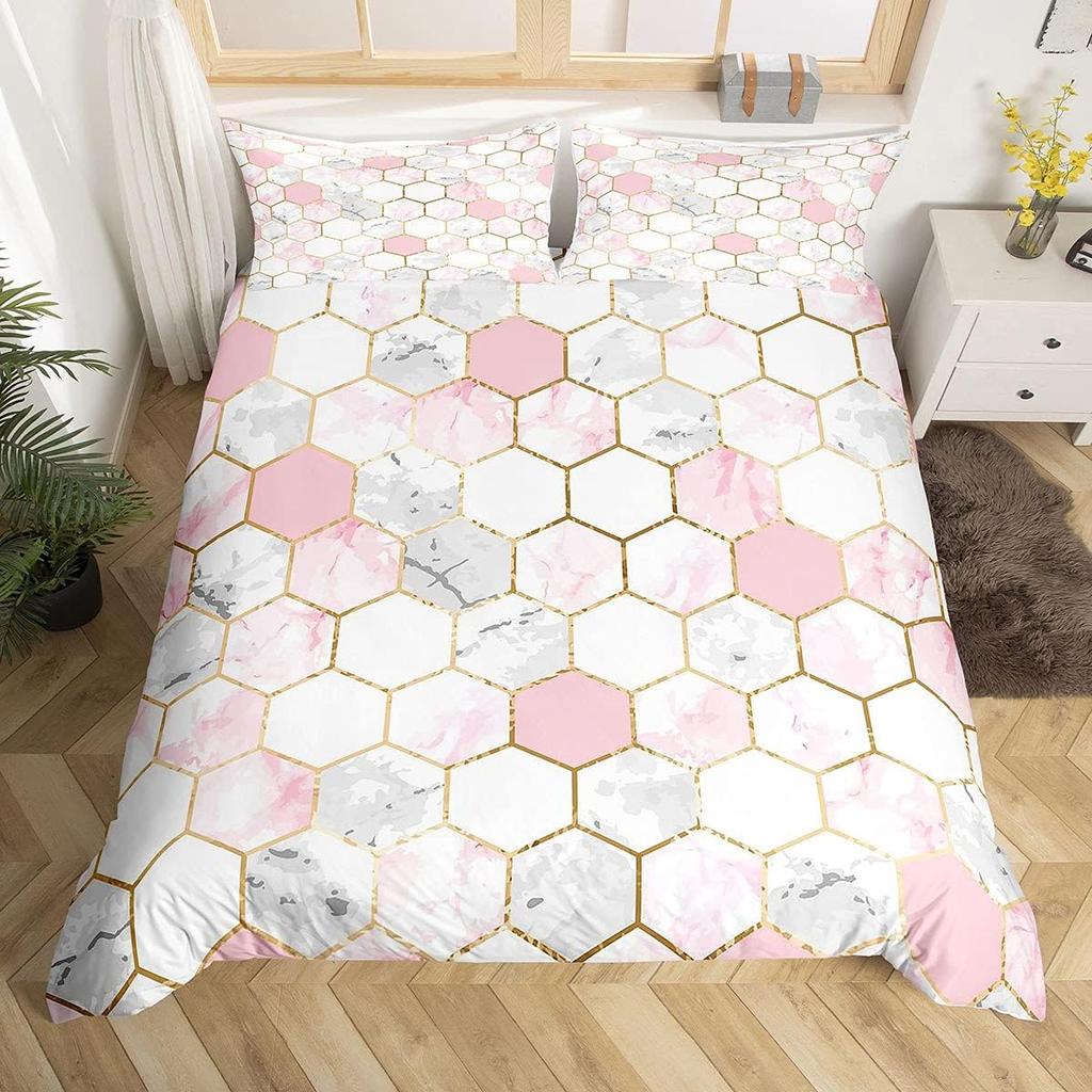 Geometric Duvet Cover Set Twin Queen Luxury Marble Comforter Cover Abstract Honeycomb Hexagon Bedding Set 2/3pcs for Boys Girls
