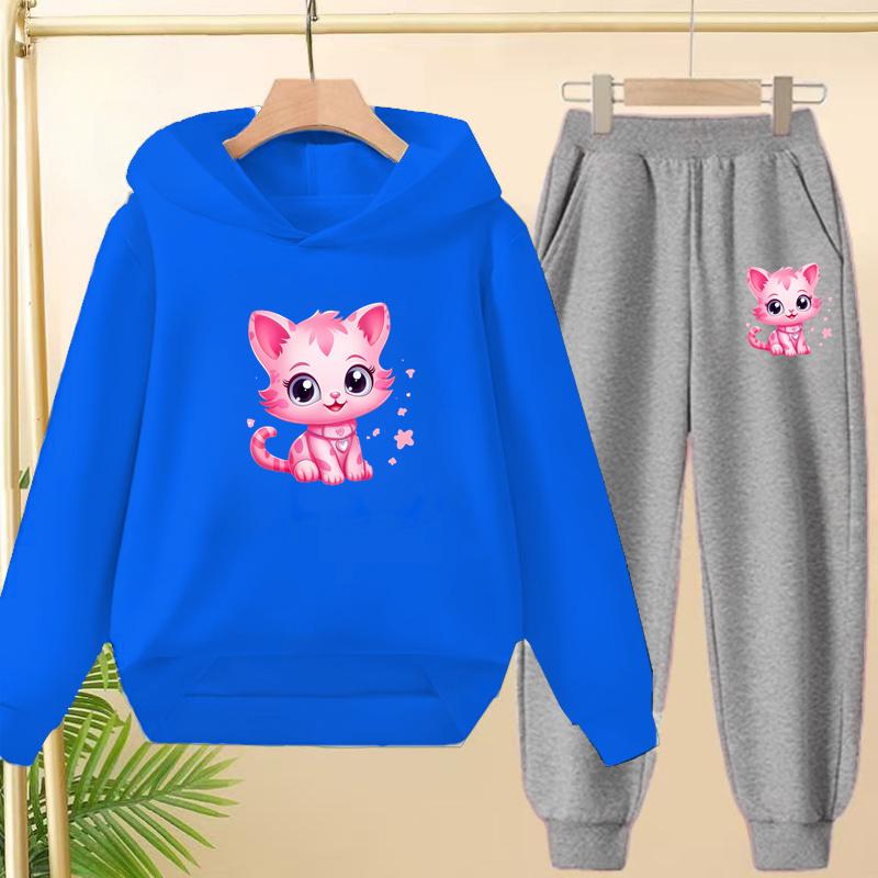 Children Clothes Sweatshirt Set Hooded Sweatshirt with Long Pants Cartoon and Lively Little Cat Girl Pink Set 3-13 Years Old Top