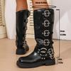 Vintage Woman Western Cowgirl Boot Fashion Belt Buckle Long Booties Autumn Winter Suqare Low Heel Girl Shoes