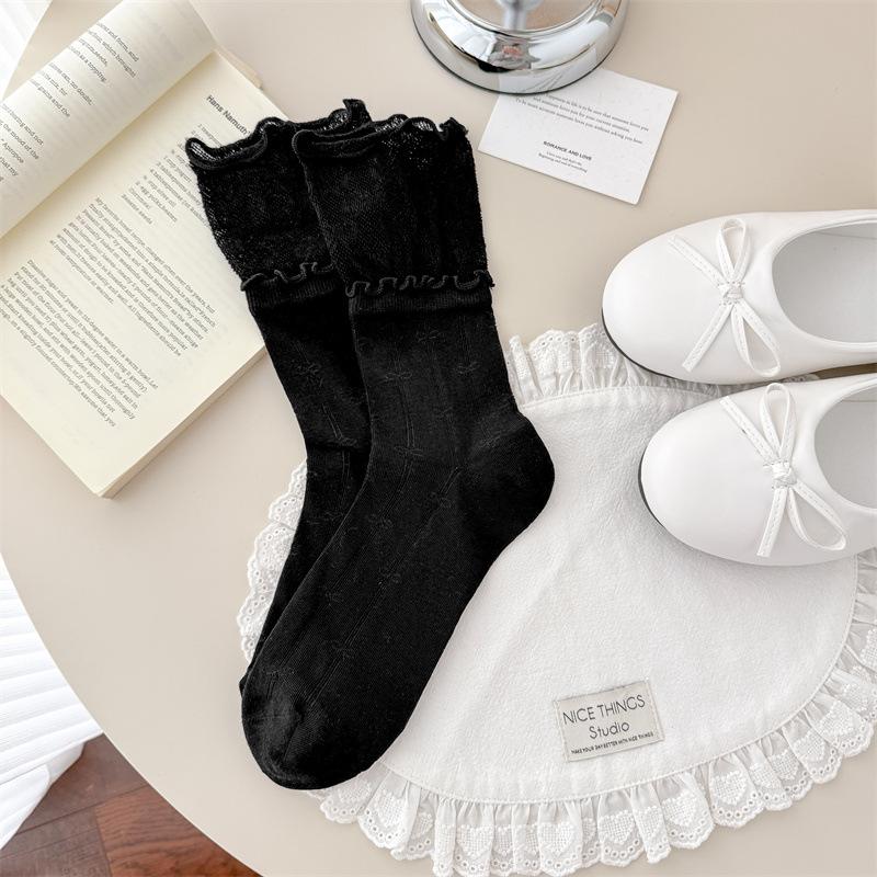 1 Pair Ballet Style Double Layer Black Fungus Edge Socks Summer Thin Mesh Breathable Japanese Style Series Girls Pile Socks
