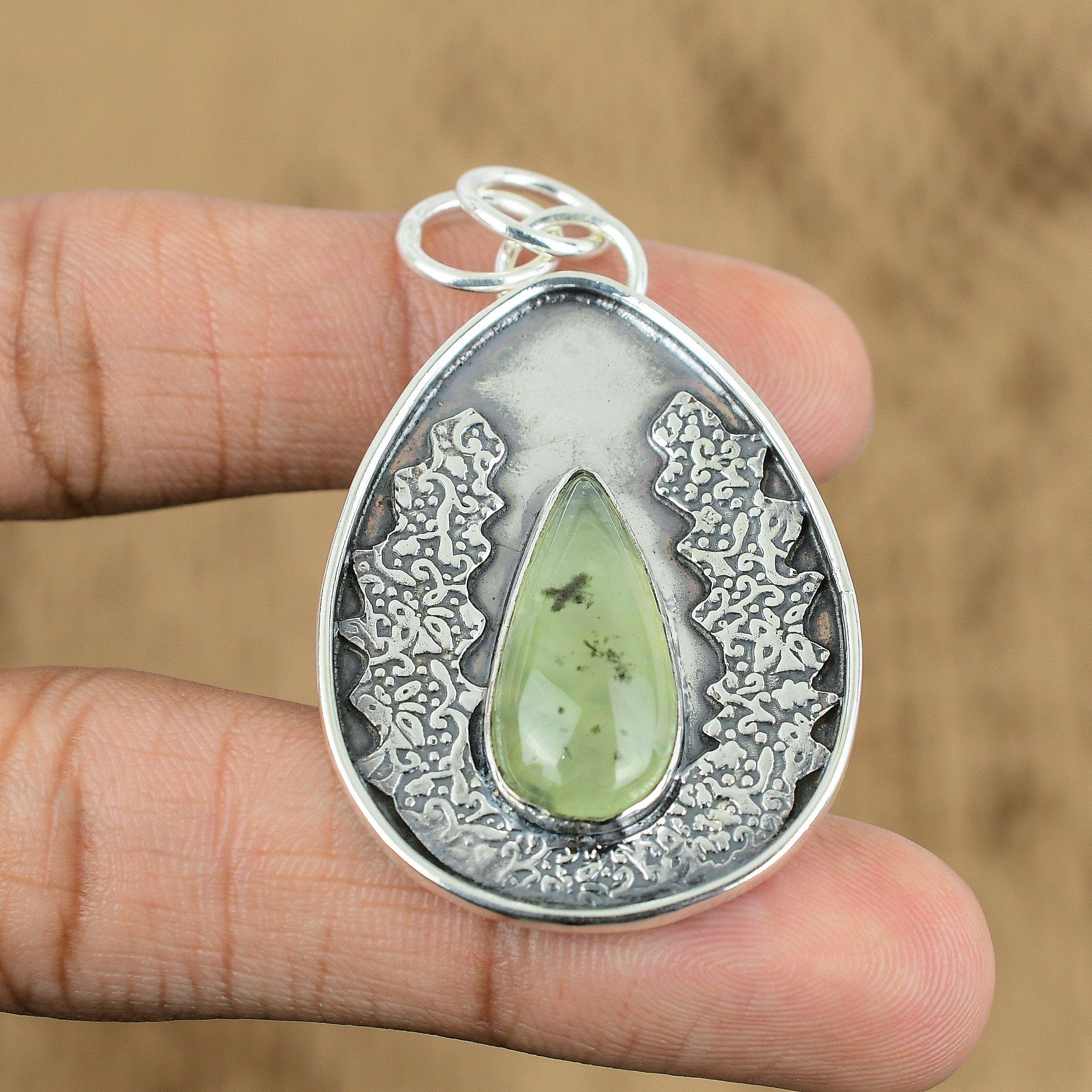 

Womens day Deal 925 Silver Moss Prehnite Gemstone Mother Art Deco Trendy Pendant