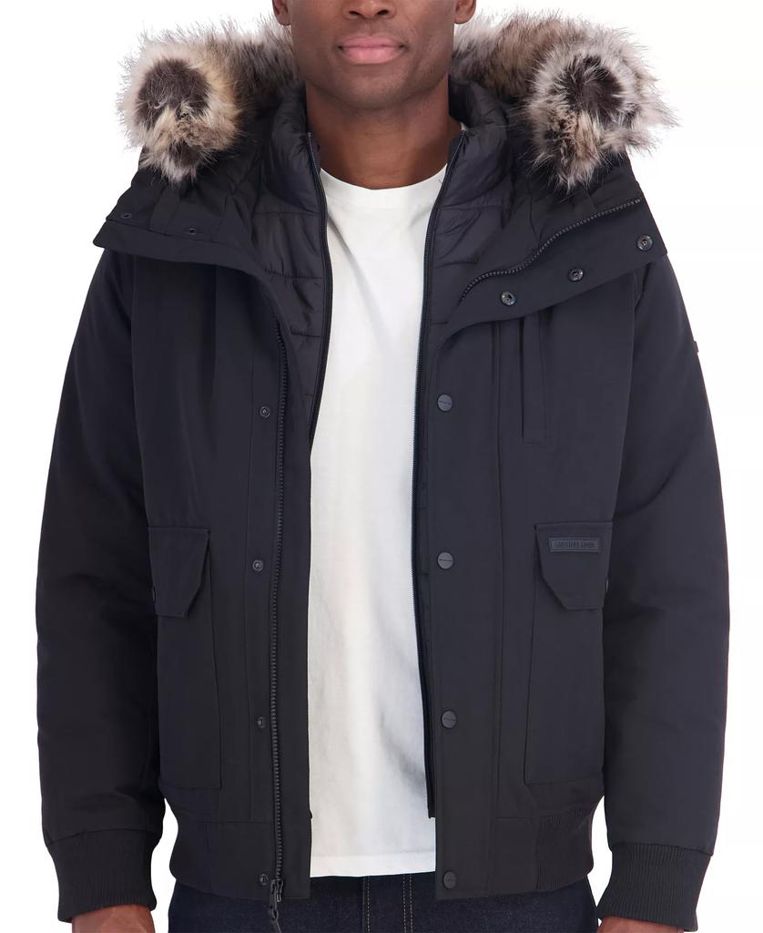 Men's Faux-Fur-Trim Quilted-Bib Hooded Bomber Jacket