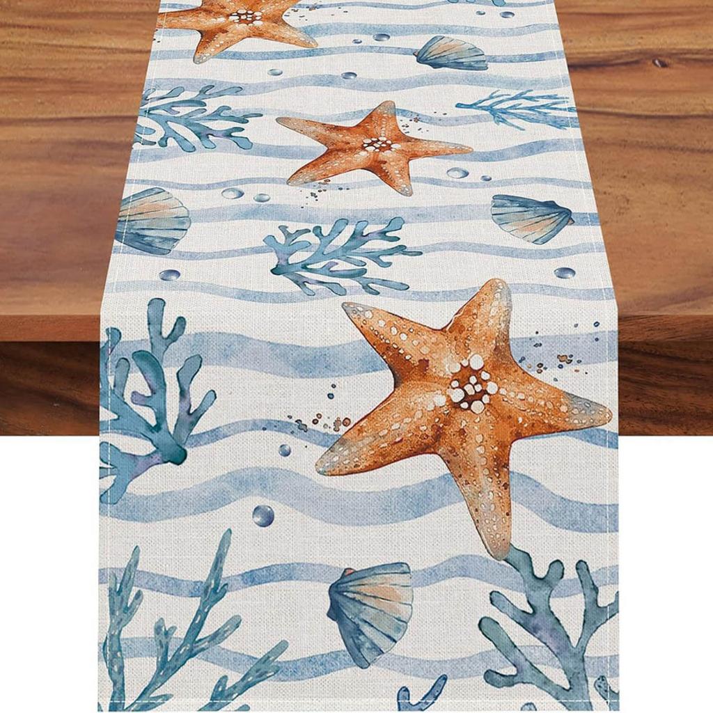 Summer Coastal Seashell Turtle Tablecloth Non Slip Durable Linen Printed Table Runner for Coffee Table Dining Table Decoration