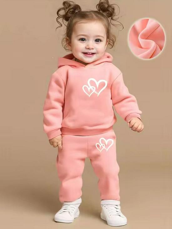 Girls' Toddler/Children's 2-Piece Autumn/Winter Set: Heart-Patterned Hooded Wool Sweatshirt & Sweatpants