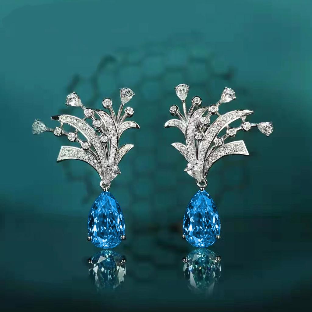 Imitation Aquamarine Fireworks Lovers Earrings Earrings Set Luxury Water Drop-Shaped Topaz Open Color Treasure Ring