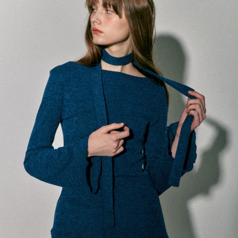 QUAFE KNIT ONEPIECE & MUFFLER SET_DENIM BLUE