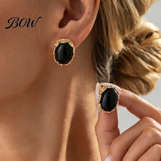 Elegant Resin Gemstone Earrings 1 Pair Vintage Oval Stud for Women, Retro Statement French Style Dangle Earrings, Gold Frame Chunky Stone Jewelry