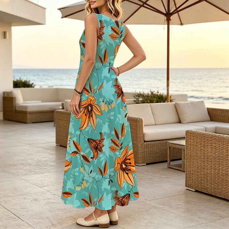 Sleeveless Maxi Dress Summer Casual Lightweight Flowy Dress,Full Flared Skirt,Fresh Style,Flattering for Vacation & Daily Wear,Versatile Fashion