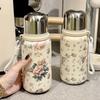 316 Edelstahl Thermos-Wasserflasche Vintage Blumige Kaffeetasse mit Deckel Mädchen Elegant Rose Tragbare Thermoskanne Trinkgefäß