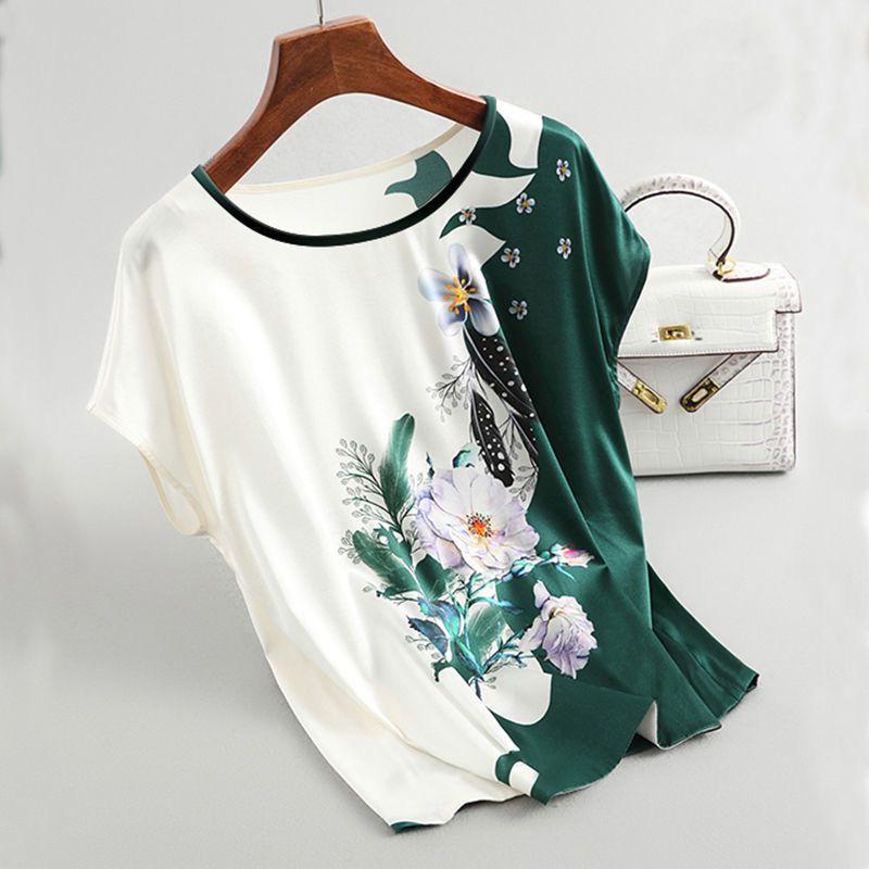 New Women Silk Satin Blouses Plus Size Batwing Sleeve Vintage Print Floral Blouse Ladies Casual Short Sleeve Tops