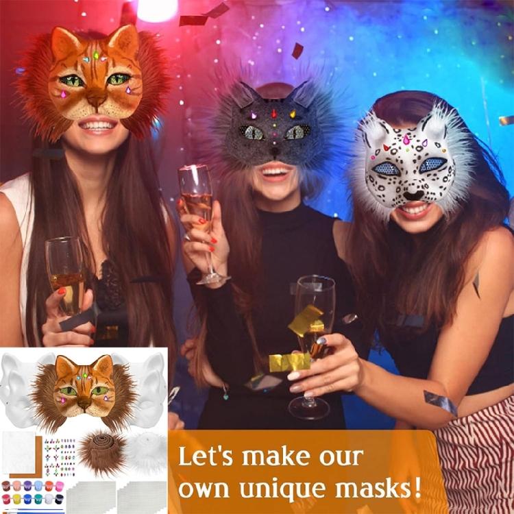 Cats  Foxes Mask with Furs Eye Mesh Felts Sheet Therians Dress Up Mask to Paint for Halloween Masquerade Cosplay Party