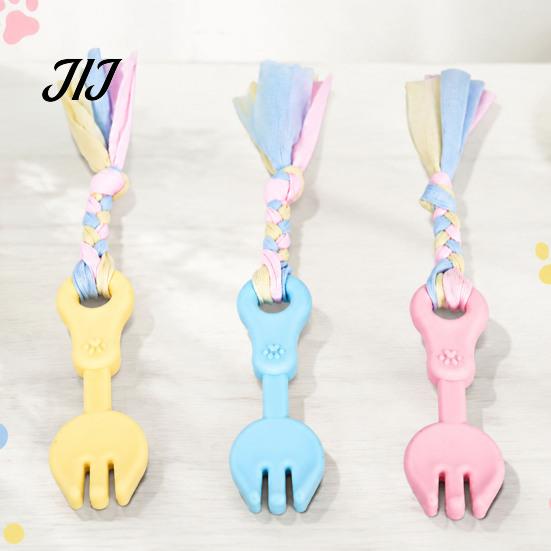 Pet Exercise And Bonding Toys Molar Teeth Cleaning Fork Toy, Durable Woven Rope Training Macaron for Dogs Colors Interactive TPR Chew Toy Gum Massage